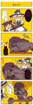  &gt;_&lt; 4koma animal_ears animalization bare_shoulders blonde_hair blush bow braid brooch brown_hair chamaruku closed_eyes comic cutting_hair fangs flying_sweatdrops hat highres holding imaizumi_kagerou imaizumi_kagerou_(wolf) jewelry kirisame_marisa long_hair long_sleeves mini-hakkero multiple_girls musical_note open_mouth poodle ribbon scissors speech_bubble standing tail tail_bow thought_bubble touhou translation_request very_long_hair werewolf witch_hat wolf_ears 
