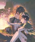  2boys aqua_eyes black_gloves black_hair blue_hair braid brown_eyes brown_hair brown_jacket capelet cup flower genshin_impact gloves gradient_hair green_capelet green_hat hair_between_eyes hair_flower hair_ornament hat hat_flower highres holding holding_cup jacket jewelry kkopoli long_hair long_sleeves male_focus multicolored_hair multiple_boys necktie open_mouth pants pantyhose shorts smile twin_braids venti_(genshin_impact) white_necktie white_pantyhose zhongli_(genshin_impact) 