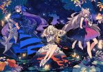  3girls ahoge animal_ears atalanta_(fate) atalanta_alter_(fate) black_hair blonde_hair blue_eyes breasts bug butterfly cat_ears colored_extremities dress fate/grand_order fate_(series) flower full_body gradient_hair green_eyes grey_hair hair_ornament hair_ribbon holding holding_flower keishin lily_pad long_hair looking_at_viewer marie_antoinette_(fate) marie_antoinette_alter_(fate) meltryllis_(fate) multicolored_hair multiple_girls night official_art promotional_art prosthesis prosthetic_leg purple_hair ribbon second-party_source shoes sitting sleeves_past_fingers sleeves_past_wrists smile standing standing_on_one_leg tree twintails very_long_hair yellow_eyes 