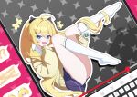  1girl :d absurdres ahoge blonde_hair blue_eyes blue_skirt blush clear_(djmax) djmax expo_6044 fang hair_ornament highres holding horizontal-striped_skirt kneehighs leg_up open_mouth outline pleated_skirt single_horizontal_stripe skin_fang skirt sleeves_past_fingers sleeves_past_wrists smile socks solo sweater twintails white_outline white_socks yellow_sweater 