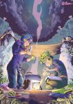  2boys 5others :d artist_name aviator_cap belt black_hair black_pants black_shirt blonde_hair blue_eyes blue_hat blurry blurry_background blurry_foreground book brown_belt camping casting_spell cloud commentary_request cooking cooking_pot cousins dragon_quest dragon_quest_ii fire food from_below fruit goggles goggles_on_headwear grass green_eyes hat highres holding holding_food holding_fruit holding_knife indian_style kneeling knife leg_warmers looking_at_object looking_down magic male_focus multiple_boys multiple_others night oonamekuji open_book outdoors pants prince_of_lorasia prince_of_samantoria profile pyrokinesis shey93735903 shirt short_hair sitting sleeves_rolled_up slime_(dragon_quest) smile smoke spiked_hair star_(sky) white_leg_warmers 