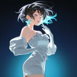 1girl absurdres alien_stage black_hair blue_background bow breasts chest_bow commentary detached_sleeves dress dress_bow earrings elbow_gloves english_commentary gloves highres jewelry juliet_sleeves long_sleeves open_mouth pearl_earrings puffy_sleeves purple_eyes sayume50 short_dress short_hair signature smile solo strapless strapless_dress sua_(alien_stage) white_bow white_dress white_gloves 