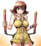  1girl amania_orz ass_visible_through_thighs breasts brown_hair dress final_fantasy final_fantasy_viii flipped_hair green_eyes jewelry large_breasts looking_at_viewer necklace nunchaku open_mouth selphie_tilmitt short_hair skirt solo weapon yellow_dress zipper_dress 