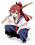  1girl anbe_masahiro blue_sailor_collar blue_skirt brown_eyes brown_shoes character_request copyright_request delinquent hand_on_own_knee highres long_skirt open_mouth pale_skin ponytail red_hair sailor_collar school_uniform serafuku shadow shoes short_sleeves simple_background skirt slav_squatting solo squatting sukeban white_background 