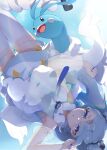  1girl 1other altaria bird blue_bird blue_nails blue_sky breasts cloud commentary detached_sleeves dress flying_miku_(project_voltage) grey_eyes grey_hair hatsune_miku highres long_sleeves looking_at_viewer medium_breasts official_alternate_costume official_alternate_hairstyle open_mouth pokemon pokemon_(creature) project_voltage see-through_clothes see-through_skirt see-through_sleeves skirt sky u9ffo vocaloid white_dress 