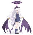  absurdres ahoge black_halo black_socks blue_archive blush demon_girl demon_horns demon_wings full_body halo highres hina_(blue_archive) horns long_hair looking_at_another purple_eyes school_uniform simple_background socks sugidoritos white_background white_hair wings 