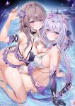  2girls arm_support armpit_crease ascot bare_legs bare_shoulders bikini black_tiara blush breast_press breasts brown_hair butterfly_earrings castorice_(honkai:_star_rail) collarbone commentary earrings elbow_gloves flower gloves hair_flower hair_intakes hair_ornament hand_up herta_(honkai:_star_rail) highres honkai:_star_rail honkai_(series) jewelry key key_necklace large_breasts legs long_hair looking_at_viewer machi_(machi0910) multiple_girls necklace parted_lips pink_flower pointy_ears purple_eyes purple_flower purple_gloves purple_hair single_elbow_glove sitting smile swimsuit symmetrical_docking the_herta_(honkai:_star_rail) thighs tiara twitter_username white_ascot 