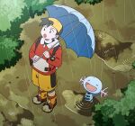  1boy backwards_hat baseball_cap black_hair closed_eyes ethan_(pokemon) hat highres holding holding_umbrella huyugmy jacket long_sleeves open_mouth outdoors pants pokemon pokemon_(creature) pokemon_gsc rain red_jacket shirt short_hair smile tail umbrella water water_drop wooper 