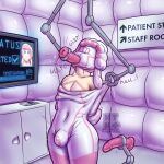 absurd_res anthro asylum bdsm blue_eyes bondage bound bovid caprine clothing deep_throat dildo dildo_insertion dressing electronics encasement english_text fur gimp_mask hair hands_behind_back hi_res imminent_anal inside latex latex_clothing machine male mammal mask monitor neatnick null_bulge oral oral_penetration penetrable_sex_toy penetrable_sex_toy_in_mouth penetrable_sex_toy_insertion penetration pink_hair sensory_deprivation sensory_deprivation_hood sex_toy sex_toy_insertion sheep solo standing tan_body tan_fur text white_latex