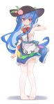  1girl absurdres apron black_hat blue_hair blue_skirt bow bowtie buttons center_frills closed_mouth collared_shirt food frilled_skirt frills fruit full_body gumingdi_ban hat hat_ornament highres hinanawi_tenshi leaf leaf_hat_ornament long_hair looking_at_viewer no_shoes peach peach_hat_ornament puffy_short_sleeves puffy_sleeves rainbow_gradient red_bow red_bowtie red_eyes shirt short_sleeves sidelocks simple_background skirt smile solo standing thighhighs touhou very_long_hair waist_apron white_apron white_background white_shirt white_thighhighs 