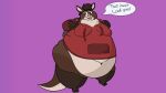 absurd_res anthro asinus backpack chubby_cheeks clothing dialogue donkey embarrassed equid equine fat_legs hi_res hoodie male mammal moobs mrfattydeer obese ollie_(bouncykauda) overweight red_clothing thick_thighs tight_clothing topwear wardrobe_malfunction weight_gain