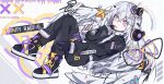  1girl abigcarrot_owo absurdres alternate_costume azusa_(blue_archive) black_racing_suit black_shoes blue_archive character_name full_body gloves hair_ornament headphones highres long_hair multicolored_eyes pink_eyes racing_suit shoes solo tagme white_hair 