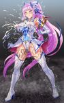  1girl absurdres blue_eyes blush boots bow breasts clenched_teeth covered_navel covered_nipples crying elbow_gloves element_venus female_ejaculation female_orgasm forced_orgasm full_body gloves hair_bow high_heel_boots high_heels highres kisaragi_nozomi lactation lactation_through_clothes large_breasts legs_apart leotard long_hair magical_girl orgasm pink_hair ponytail projectile_lactation purple_hair pussy_juice pussy_juice_drip_through_clothes sex_toy shinsou_seiki_elementia sirano solo standing tears teeth thigh_boots thighhighs trembling very_long_hair vibrator vibrator_under_clothes white_gloves white_leotard white_thighhighs 