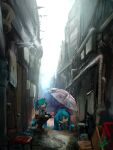  2girls :d aqua_eyes aqua_necktie aqua_trim black_boots black_skirt black_sleeves boots collared_shirt commentary_request detached_sleeves double-parted_bangs grey_shirt hair_between_eyes hair_ornament hatsune_miku highres holding holding_umbrella hylran0427 knee_boots mikudayo multiple_girls necktie pleated_skirt rain scenery shirt skirt slums smile squatting twintails umbrella vocaloid 