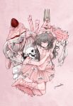  1girl blood bound bound_arms bow cake candle chain collar dress english_text food grey_eyes grey_hair hair_bow hand_on_another&#039;s_chest hand_up highres hug looking_at_another mirror pink_background pink_bow pink_dress ribbon simple_background skull twintails white_bow yumeko_(devilxkid) 