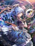  1girl abstract_background absurdres alternate_costume bead_bracelet beads black_gloves blue_eyes blue_hair blue_ribbon bracelet capelet dols_art dress floating_hair frilled_gloves frilled_skirt frills from_side gloves gradient_clothes gradient_dress grey_hat hair_ribbon hand_on_own_chest hat highres hololive hoshimachi_suisei jewelry layered_skirt long_dress looking_at_viewer plaid_hat ribbon side_ponytail skirt smile solo virtual_youtuber 
