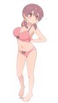  1girl arms_behind_back bare_arms bare_legs bare_shoulders barefoot blush_stickers bow bow_bra bow_panties bra breasts brown_eyes brown_hair collarbone commentary full_body hair_between_eyes highres large_breasts long_hair low_twintails multicolored_hair murosaki_miyo navel onii-chan_wa_oshimai! panties pink_bra pink_panties pon_sugar red_hair simple_background solo standing stomach twintails two-tone_hair underwear underwear_only white_background 