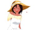  :d black_hair dress hand_on_headwear hat heart highres idolmaster idolmaster_(classic) iketsuko kikuchi_makoto open_mouth short_hair simple_background smile solo straw_hat sun_hat sundress white_background 