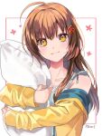  &quot;rouhou&quot;_ore_no_iinazuke_ni_natta_jimiko_ie_dewa_kawaii_shikanai. 1girl ahoge artist_name blue_bow blue_bra bow bra brown_hair closed_mouth commentary flower_knot hair_ornament hair_over_shoulder highres hug hugging_object jacket kuroda_(kuro_yyy) long_hair long_sleeves off_shoulder official_art open_clothes open_jacket pillow pillow_hug signature sleeves_past_wrists smile solo underwear upper_body watanae_yuuka yellow_eyes yellow_jacket 