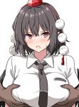  1girl 1other black_necktie black_wings blush breasts brown_hair collared_shirt commentary dark_skin grabbing_another&#039;s_breast groping hat highres large_breasts looking_at_viewer medium_hair necktie open_mouth pointy_ears pom_pom_(clothes) red_eyes red_hat rise_(rise19851203) shameimaru_aya shirt short_sleeves simple_background sweat tokin_hat touhou white_background white_shirt wings 