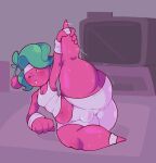 2024 accessory artist_name belly big_butt blush bodily_fluids bottom_heavy bottomwear bulge butt cheren_(dozighost) cherry clothed clothing colored confusion curvy_figure digital_drawing_(artwork) digital_media_(artwork) dozighost electronics elemental_creature elemental_humanoid english_text exercise fingers fist flora_fauna flower food food_creature fruit fully_clothed glistening glistening_belly glistening_body glistening_legs glistening_pseudo_hair glistening_skin glistening_thighs green_pseudo_hair hand_on_leg headband holding_own_leg huge_thighs humanoid legband living_fruit lying male male_(lore) moobs motion_lines navel not_furry on_side one_eye_closed open_mouth plant pseudo_hair shaded shirt shorts signature simple_background simple_eyes simple_face slightly_chubby solo stretching sweat sweatdrop sweaty_belly sweaty_body sweaty_face sweaty_legs sweaty_thighs tank_top television text thick_thighs topwear watermark white_bottomwear white_clothing white_eyes white_legband white_shirt white_shorts white_tank_top white_topwear white_wristband wide_hips wristband