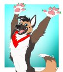 anthro black_body black_fur black_hair black_nose blue_eyes brown_body brown_fur canid canine canis cheek_tuft claws domestic_dog facial_tuft fangs fingerpads front_view fur green_claws hair half-length_portrait happy hi_res kerchief looking_at_viewer male male_anthro mammal neckerchief neckwear open_mouth open_smile pawpads pink_pawpads pink_tongue portrait red_kerchief red_neckerchief short_hair smile solo teeth tongue tuft white_body white_fur yookie