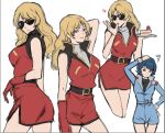  2girls blonde_hair blue_eyes blue_hair blue_jumpsuit cake cake_slice commentary cowboy_shot dress food genderswap genderswap_(mtf) gloves gundam heart jumpsuit kamille_bidan kasumi_(skchkko) long_hair multiple_girls multiple_views quattro_bajeena red_dress short_hair simple_background squiggle strawberry_shortcake sunglasses symbol-only_commentary thumb_sucking white_background white_gloves 