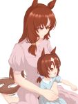  2girls animal_ears bow brown_hair buttons commentary_request feet hair_between_eyes hair_bow highres horse_ears horse_girl horse_tail long_hair looking_down mitsuno mother_and_child mother_and_daughter multicolored_hair multiple_girls open_mouth pointing ponytail red_eyes side_ponytail simple_background sitting smile still_in_love_(umamusume) streaked_hair tail teeth umamusume white_background white_hair 