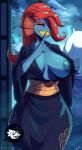  3girls alphys blue_kimono blue_skin breasts breasts_out closed_eyes colored_skin deltarune finger_to_mouth fins head_fins highres japanese_clothes kimono lyorenth multiple_girls red_hair sharp_teeth shushing teeth toriel undertale undyne 