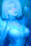  1girl alex_chow blonde_hair blue_background blue_eyes blue_eyeshadow blue_lips blue_theme blush breasts choker corset diamond_earrings earrings emma_frost eyeshadow head_tilt heart highres jewelry large_breasts leaning_back lipstick makeup marvel marvel_rivals painterly portrait short_hair signature solo sparkle superhero_costume thick_lips white_corset x-men 