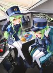 2girls absurdres arm_up armband arms_up belt blue_archive blue_armband chips_(food) demon_tail fang food gloves green_hair green_halo halo hat highres hikari_(blue_archive) long_hair long_sleeves looking_at_viewer multiple_girls nozomi_(blue_archive) open_mouth pantyhose peaked_cap pointy_ears potato_chips pringle_duck shorts siblings sisters sitting sitting_on_hair sitting_on_table skirt tail tiokun7 train_conductor train_interior twins twintails white_gloves white_pantyhose yellow_eyes 