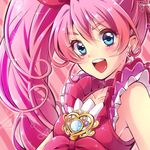  :d armpits bare_shoulders blue_eyes blush bow choker collarbone cure_melody houjou_hibiki long_hair musical_note open_mouth pink_bow pink_choker pink_hair precure sleeveless smile solo suite_precure twintails upper_body yuucho_(cololal) 
