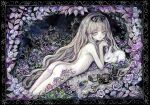  1girl acrylic_paint_(medium) ass bird blonde_hair bug butterfly commentary_request cup expressionless flower green_eyes long_hair looking_at_viewer lying nude on_stomach original painting_(medium) pale_skin petals pocket_watch rose solo sumire_shisei teacup traditional_media very_long_hair watch white_rabbit_(animal) 