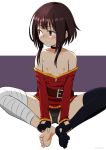  1girl asymmetrical_legwear bandaged_leg bandages belt belt_buckle black_choker black_panties black_thighhighs blunt_ends blush breasts breasts_apart brown_belt brown_hair buckle butterfly_sitting choker choppy_bangs closed_mouth clothes_lift clothes_pull crotch_seam dress dress_lift dress_pull embarrassed feet full_body hands_on_own_feet highres kono_subarashii_sekai_ni_shukufuku_wo! long_sidelocks megumin nipples no_bra no_shoes nose_blush off-shoulder_dress off_shoulder panties partially_visible_vulva picot_trim_panties purple_background red_dress red_eyes short_dress short_hair_with_long_locks sidelocks sirokohi sitting small_breasts solo thighhighs toes turning_head two-tone_background underwear variant_set wavy_mouth white_background 