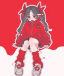  1girl aged_down black_skirt blush floral_print flower ha_yuri_zahard hair_ribbon heart highres jacket light_blush long_hair long_sleeves looking_at_viewer loose_socks miniskirt open_mouth original outline red_background red_eyes red_flower red_jacket red_ribbon red_socks ribbon shadow shoes sitting skirt smile sneakers socks solo tower_of_god twintails two-tone_background white_background white_outline white_shoes wy285223 zipper zipper_pull_tab 
