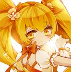  blonde_hair blush bow cure_sunshine heartcatch_precure! long_hair looking_back myoudouin_itsuki orange_bow precure simple_background smile solo twintails upper_body white_background yellow_background yuucho_(cololal) 