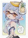  1girl border earrings eyelashes food food_on_head gegesan46 grid_border heart highres holding holding_towel inkling jewelry looking_at_viewer marie_(splatoon) marie_(summer_nights)_(splatoon) medium_hair missing_commentary notice_lines object_on_head official_alternate_costume open_mouth outside_border pointy_ears short_eyebrows solo splatoon_(series) splatoon_3 standing suspenders sweat tentacle_hair thick_eyebrows towel translation_request white_border 