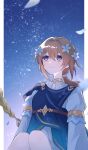  1girl absurdres artist_name blue_dress brown_hair direidyth_(genshin_impact) dress flower genshin_impact hair_flower hair_ornament highres long_hair long_sleeves mnmnm8169 night night_sky petals ponytail purple_eyes signature sky smile star_(sky) starry_sky two-tone_dress white_dress white_flower 