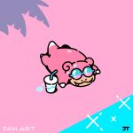  closed_mouth commentary cup day drinking_straw fangs fangs_out highres james_turner lying no_humans on_stomach outdoors pokemon pokemon_(creature) pokemon_focus shadow shore slowpoke smile solo sunglasses water 