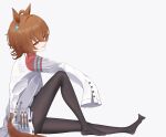  1girl agnes_tachyon_(umamusume) ahoge animal_ears arm_on_knee black_thighhighs brown_hair chemical_structure earrings feet highres horse_ears horse_girl horse_tail jewelry lab_coat looking_at_viewer medium_hair open_mouth pantyhose red_eyes single_earring sitting sleeves_past_fingers sleeves_past_wrists solo squinting sweater tail test_tube thighhighs thighs umamusume white_background wolf_cut yellow_sweater yuzuki3280 