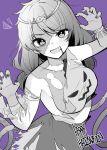  1girl adapted_costume blood blood_from_mouth breasts circlet claw_pose commentary_request dress fang greyscale_with_colored_background halloween halloween_costume happy_halloween highres long_hair looking_at_viewer low_twintails meimei_(meimei89008309) monkey_girl monkey_tail open_mouth patchwork_skin purple_background single-shoulder_dress skin_fang smile solo son_biten tail touhou twintails 