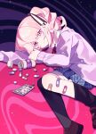  1other abstract_background akiyama_mizuki aran_sweater asymmetrical_legwear bandage_on_leg bandaged_leg bandages black_bow black_thighhighs blue_skirt bottle bottle_cap bow bowtie brown_shoes cable_knit chromatic_aberration closed_mouth collared_shirt commentary diagonal-striped_bow diagonal-striped_bowtie diagonal-striped_clothes drill_hair drill_ponytail english_commentary feet_out_of_frame hair_between_eyes hair_bow hair_ornament hand_on_own_arm heart heart_hair_ornament highres kamiyama_high_school_uniform_(project_sekai) knees_together_feet_apart laylayhappy light_particles loafers long_hair long_sleeves looking_at_viewer lying miniskirt on_side other_focus pill pink_background pink_eyes pink_hair plaid_clothes plaid_skirt pleated_skirt project_sekai puffy_long_sleeves puffy_sleeves purple_background purple_sweater red_bow red_bowtie school_uniform shirt shoes side_ponytail sidelocks simple_background skirt smile solo striped_clothes sweater swept_bangs tearing_up thighhighs two-tone_background uneven_legwear white_shirt 