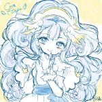  1girl beads blue_bow blue_eyes blue_hair blue_nails blue_sash blue_wrist_cuffs blush_stickers bow capelet character_name circlet closed_mouth cowboy_shot cure_ange curly_hair detached_sleeves dot_nose dress eye_mask feather-trimmed_sleeves frilled_wrist_cuffs frills hair_beads hair_ornament hairband hand_on_own_chin happy heart heart_hair_ornament heart_in_eye high_ponytail hugtto!_precure lipstick long_hair magical_girl makeup nail_polish outline pink_lips ponytail precure puffy_short_sleeves puffy_sleeves rabbit_hair_ornament sash short_dress short_sleeves signature simple_background sketch smile solo symbol_in_eye tareme uzuki_aki very_long_hair waist_bow waist_sash white_capelet white_dress white_hairband white_outline white_sleeves wing_hair_ornament wrist_cuffs yakushiji_saaya yellow_background 