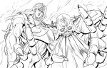  1boy 1other araki_hirohiko_(style) armor commentary_request compound_eyes cream_(stand) earrings eating fangs fingernails greyscale hatching_(texture) heart heart_earrings heart_print highres ishimoto_shun&#039;ichi jewelry jojo_no_kimyou_na_bouken long_hair monochrome muscular muscular_male official_style other_focus sharp_fingernails spikes stand_(jojo) stardust_crusaders vanilla_ice 