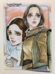  2girls artist_name brown_eyes brown_hair brown_scarf brown_shirt brown_vest dated dress green_jacket grey_eyes highres jacket jyn_erso multiple_girls open_clothes open_jacket open_vest photo_(medium) princess_leia rogue_one:_a_star_wars_story scarf shirt star_wars tomoko_taniguchi traditional_media vest white_dress white_hood 