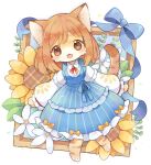  1girl :d animal_ears barefoot blue_dress blue_ribbon blush brown_eyes brown_hair cat_ears cat_girl cat_tail collared_shirt commentary_request dress fang flower frilled_dress frilled_sleeves frills full_body furry furry_female long_sleeves looking_at_viewer neck_ribbon okamori_kuo open_mouth original pinafore_dress red_ribbon ribbon shirt short_hair skin_fang sleeveless sleeveless_dress smile solo sunflower tail white_shirt 