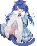  1girl absurdres amamiya_kokoro amamiya_kokoro_(1st_costume) animal_ears animal_hands bell blue_hair cat_ears cat_girl cat_tail feet gloves gugu0v0 hair_bell hair_ornament happy_birthday highres looking_at_viewer nijisanji no_shoes panties paw_gloves pixiv_username soles tail thighhighs toes underwear virtual_youtuber white_panties white_thighhighs x_hair_ornament yellow_eyes 