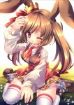  1girl animal_ears boots breasts brown_boots brown_hair cinamon_alma crown emil_chronicle_online hair_ornament highres large_breasts long_hair necktie rabbit_ears rabbit_girl red_eyes sitting tearing_up thighhighs twintails wariza white_thighhighs yupi828 