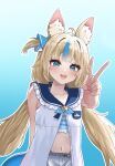  1girl ahoge animal_ears blonde_hair blue_bow blue_eyes blue_hair bow cat_ears dress fins fish_girl fish_tail hair_bow highres indie_virtual_youtuber long_hair looking_at_viewer low_twintails multicolored_hair oddman1234 one_side_up open_mouth sameko_saba shorts sleeveless sleeveless_dress smile solo streaked_hair tail teeth twintails upper_teeth_only v very_long_hair virtual_youtuber white_dress white_shorts 