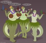 absurd_res annoyed anthro beverage big_breasts big_butt breasts britney_stalizburg butt dirtyjace feet female flower_accessory food grass_skirt green_body group hi_res holding_food holding_object jonathan_stalizburg looking_at_another male margret_stalizburg mature_female nervous reptile scalie smile snake speech_bubble thick_thighs toes tray trio